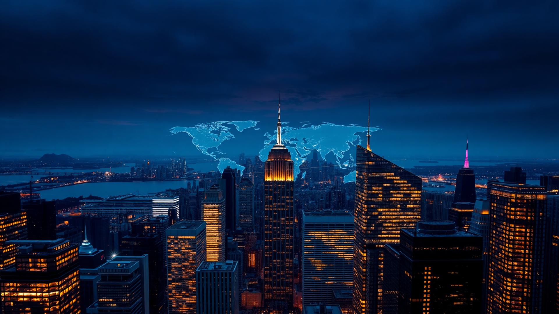Global city skyline at dusk with connected world map lights
